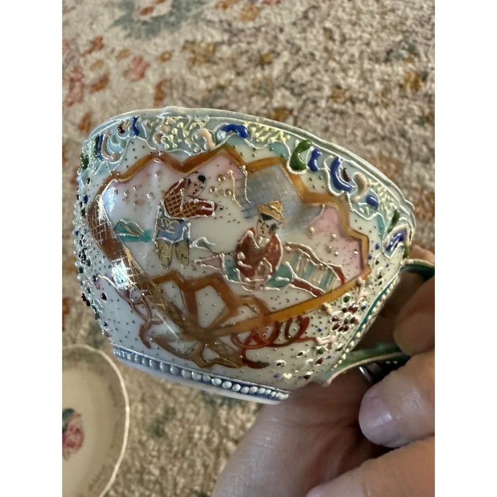 Vtg Japanese Satsuma Moriage Eggshell Porcelain Teacup Hand Painted Gold‎ 3.75